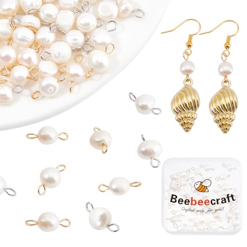 Beebeecraft 1 caja con 40 piezas de 2 estilos diferentes: conectores de cuentas encantos de perlas ovales y redondas de perlas de agua dulce naturales con aros de acero inoxidable dorado para