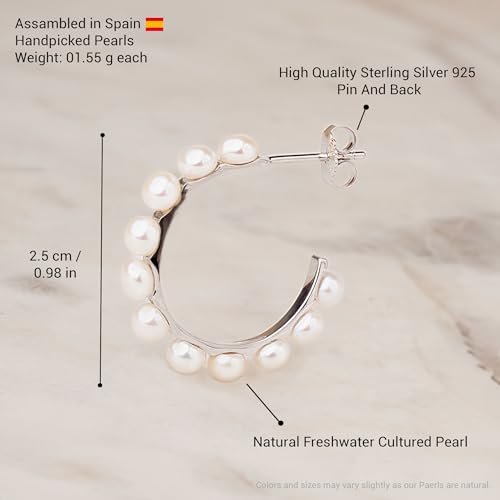 Pendientes de Mujer de Aros con Perlas Blancas Cultivadas de Agua Dulce Secret & You - Plata de Ley de 925 milésimas con 13 perlas Botón de 4-5 mm.